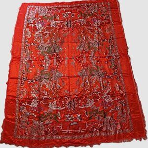 VINTAGE 1990'S RED CHINESE TAPESTRY 54"X72" CHILDREN DRAGONS FESTIVAL